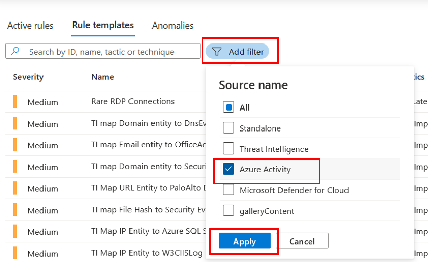 Select Azure Activity source