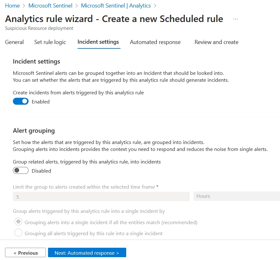 Suspicious Activity analytics rule wizard - Incident settings