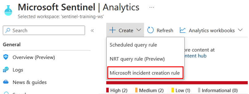 Select Microsoft incident creation rule