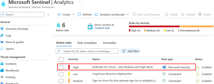 review the azure defender rule