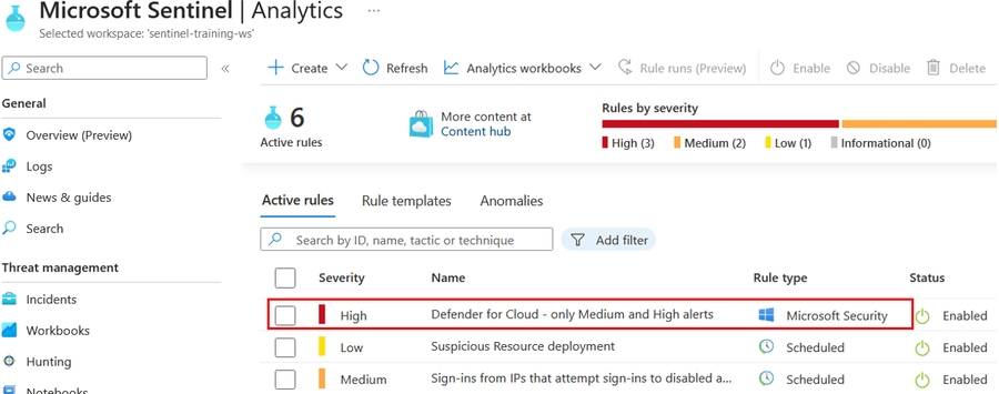 review the azure defender rule